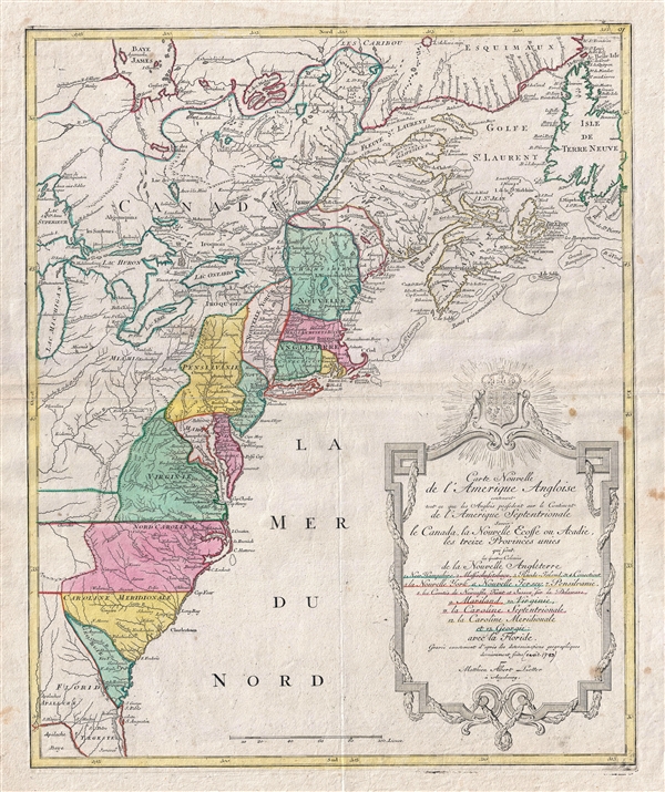 Carte Nouvelle de L'Amerique Angloise contenant tout ce que les Anglois possedent sur le Continent de L'Amerique Septentrionale savoir le Canada, la Nouvelle Ecosse ou Acadie, les treize Provinces unies - Main View