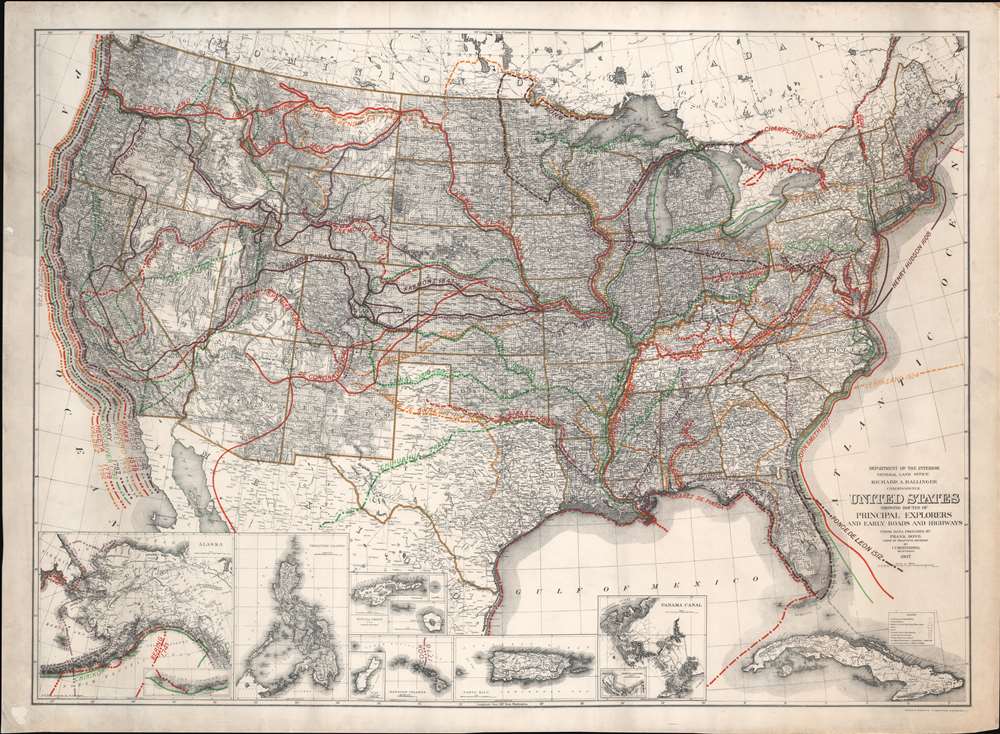 United States Showing Routes of Principal Explorers and Early Roads and Highways. - Main View