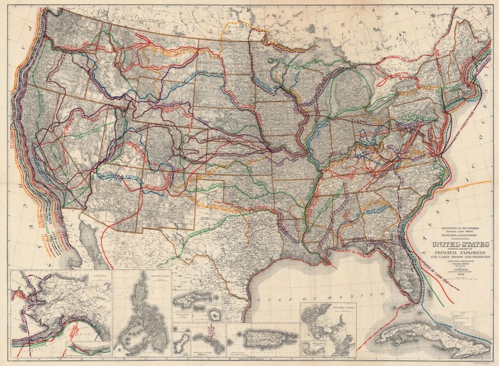 United States Showing Routes of Principal Explorers and Early Roads and Highways. - Main View