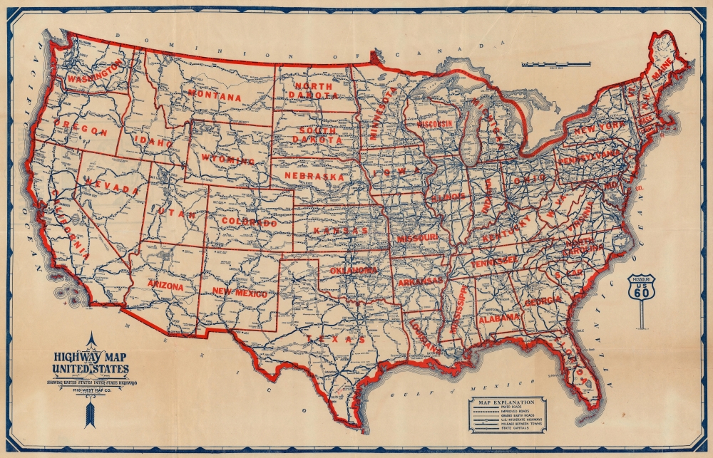 Highway Map of the United States Showing United States Inter-State Highways. - Main View