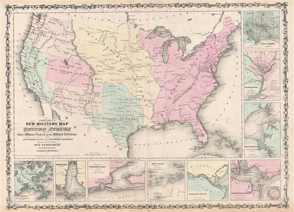 Johnson's New Military Map of the United States showing the Forts, Military Posts & all the Military Divisions with Enlarged Plans of Southern Harbors. - Main View