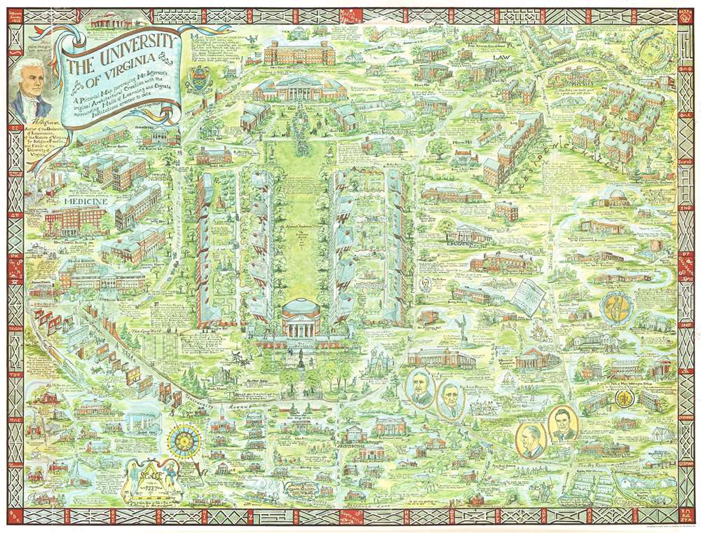 The University of Virginia A Pictorial Map portraying Mr. Jefferson's original Architectural Creation with the surrounding Halls of Learning and Cognate Institutions erected to date - Main View