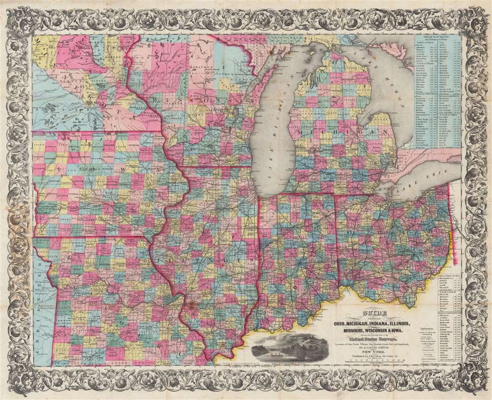 Guide Through Ohio, Michigan, Indiana, Illinois, Missouri, Wisconsin, and Iowa. Showing the Township lines of the United States Surveys, Location of Cities, Towns, Villages, Post Hamlets, Canals, Rail and Stage Roads. - Main View