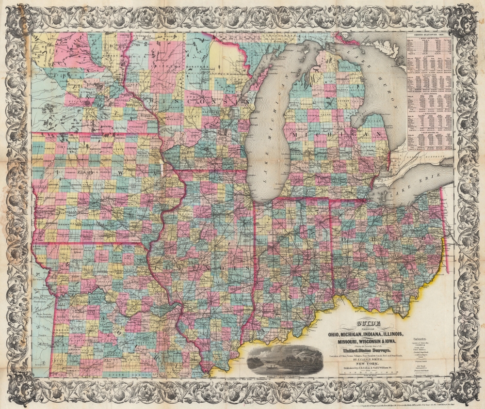 Guide Through Ohio, Michigan, Indiana, Illinois, Missouri, Wisconsin, and Iowa. Showing the Township lines of the United States Surveys, Locations of Cities, Towns, Villages, Post Hamlets, Canals, Rail and Stage Roads. - Main View