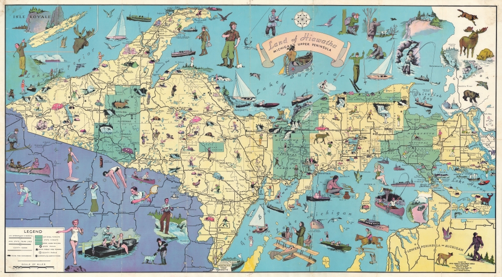 1935 UP Development Bureau Pictorial Map of Michigan Upper Peninsula