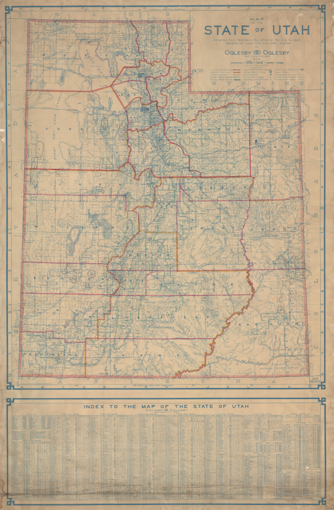 1907 Oglesby Large Wall Map of Utah