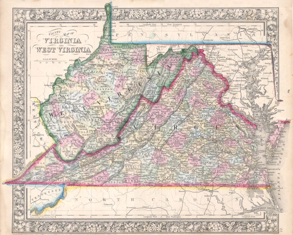 County Map of Virginia and West Virginia - Main View