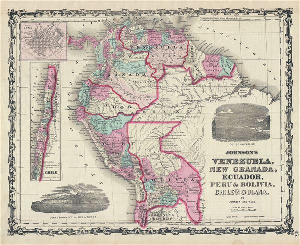 Alte historische Landkarte 1890: Peru Venezuela Kolumbien u M4 Ecuador 