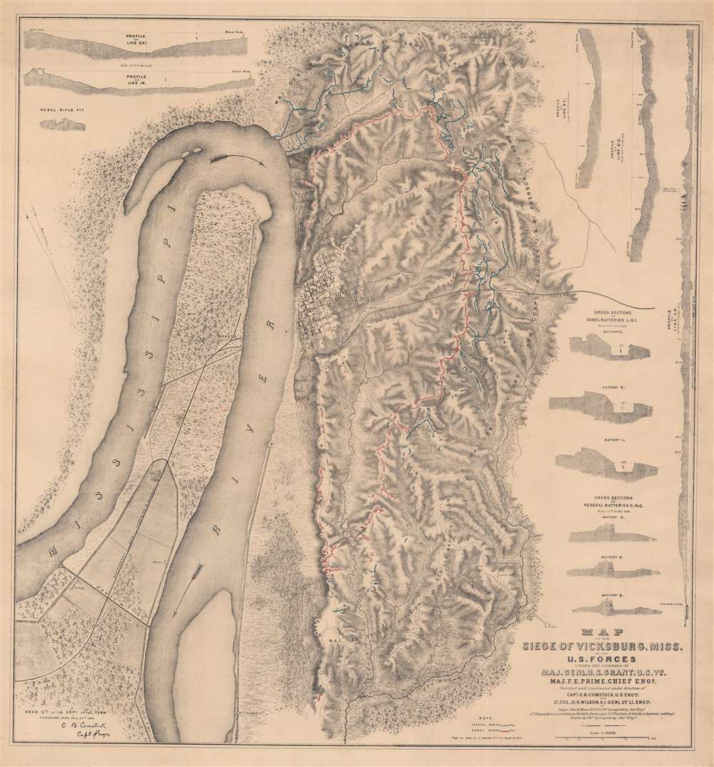 Map of the Siege of Vicksburg, Miss. By the U.S. Forces Under the Command of Genl. U.S. Grant, U.S. Vls. Maj. F.E. Prime, Chief Engr. Surveyed and constructed under the direction of Capt. C.B. Comstock, U.S. Engr.s and Lt. Col. Js. H. Wilson . . . Drawn by Chs. Spangenberg. - Main View