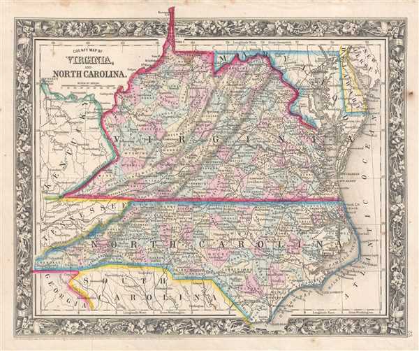County Map of Virginia, and North Carolina. - Main View