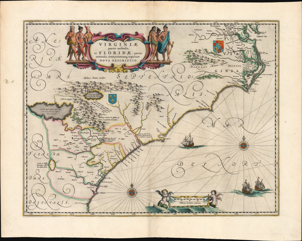 1638 / 1642 Blaeu Map of the American Coast from Virginia to Florida