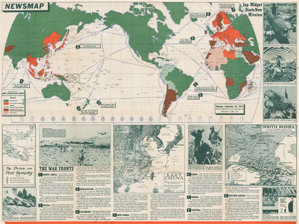 1942 Army Orientation Course Newsmap Map of the World