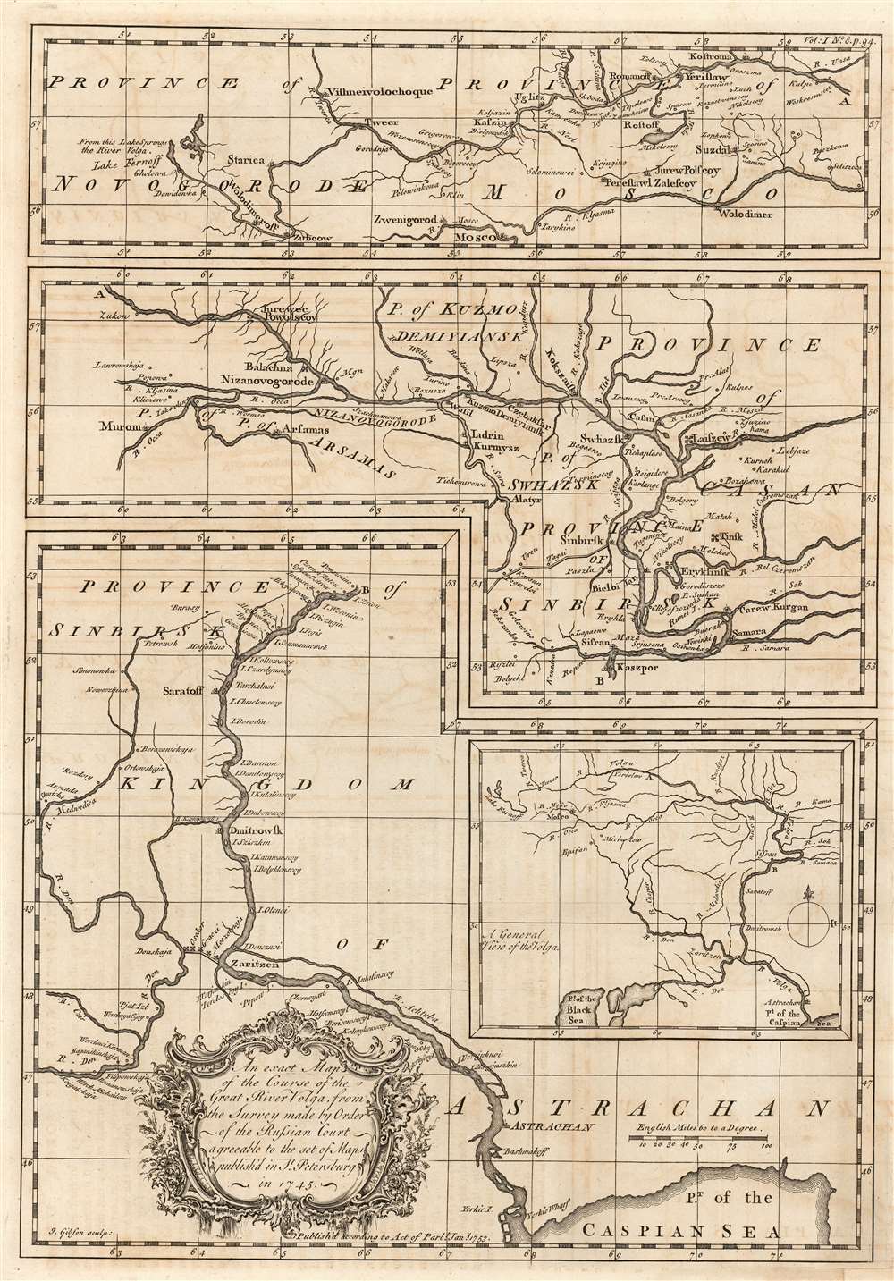 An exact map of the course of the Great River Volga, from the Survey made by Order of the Russian Court agreeable to the set of Maps publish'd in St. Petersburg in 1745. - Main View