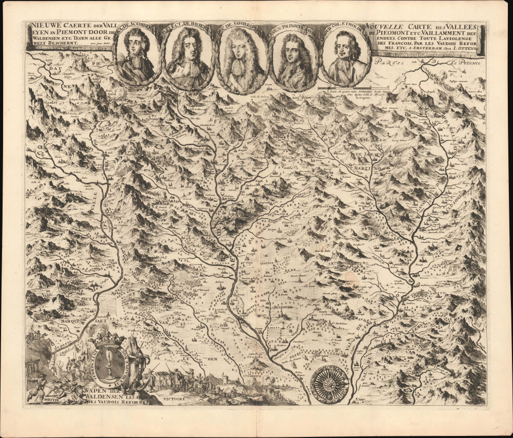 1691 Jean Malet / Ottens Map of the Waldensian 'Glorieuse Rentrée', Piedmont, Italy