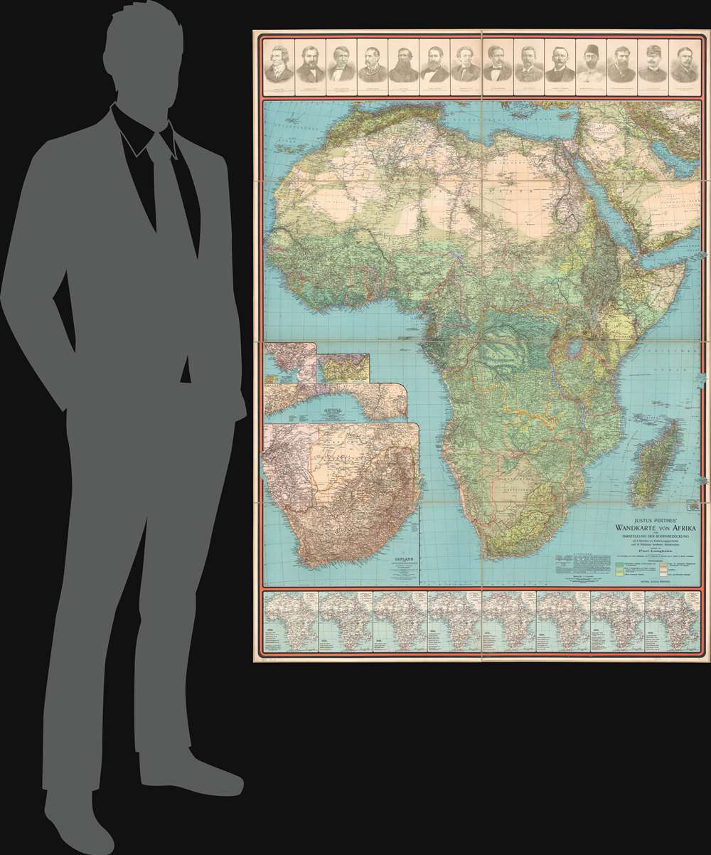 Justus Perthes' Wandkarte von Afrika zur Darstellung der Bodenbedeckung mit 8 Kärten zur Entdeckungsgeschichte und 14 Bildnissen berühmter Afrikaforscher. - Alternate View 1