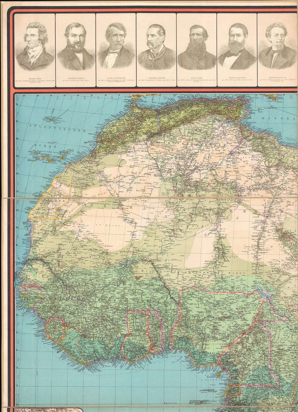 Justus Perthes' Wandkarte von Afrika zur Darstellung der Bodenbedeckung mit 8 Kärten zur Entdeckungsgeschichte und 14 Bildnissen berühmter Afrikaforscher. - Alternate View 2