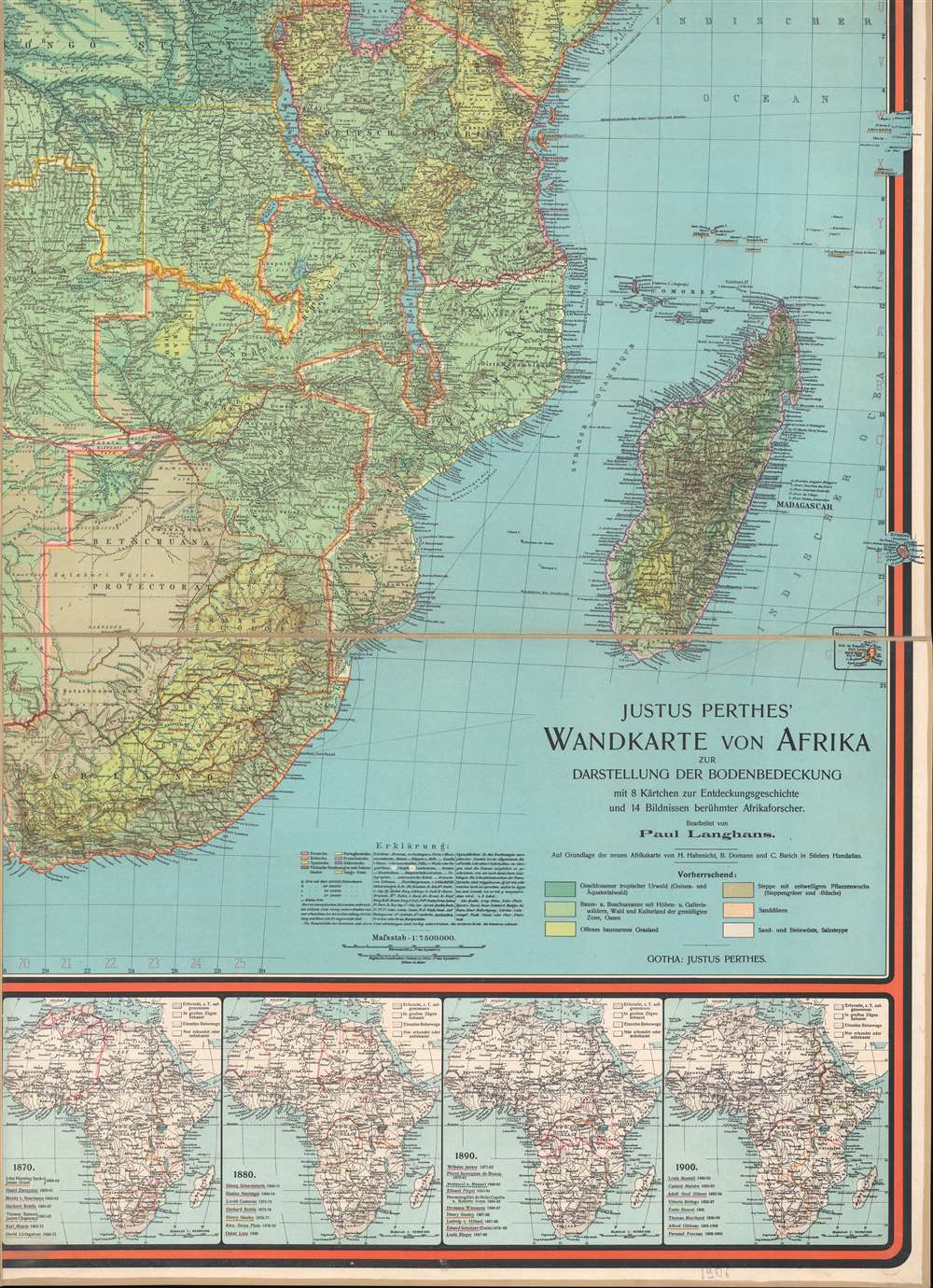 Justus Perthes' Wandkarte von Afrika zur Darstellung der Bodenbedeckung mit 8 Kärten zur Entdeckungsgeschichte und 14 Bildnissen berühmter Afrikaforscher. - Alternate View 5