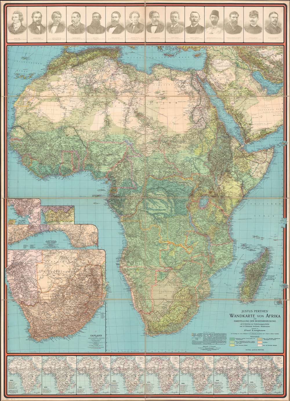 Justus Perthes' Wandkarte von Afrika zur Darstellung der Bodenbedeckung mit 8 Kärten zur Entdeckungsgeschichte und 14 Bildnissen berühmter Afrikaforscher. - Main View