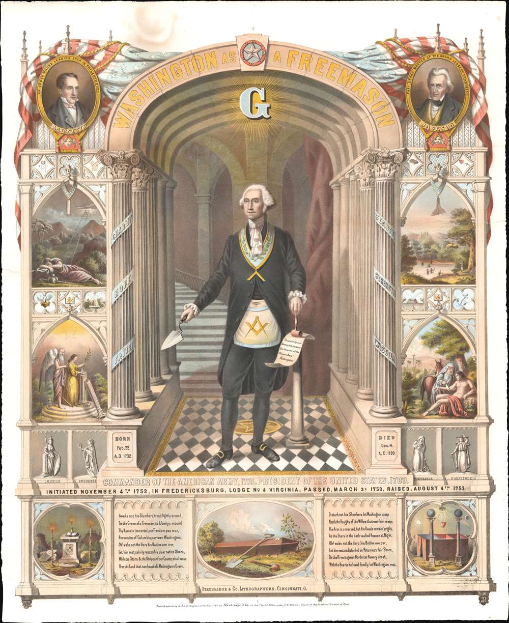 1867 Chromolithograph Broadside of George Washington as a Freemason