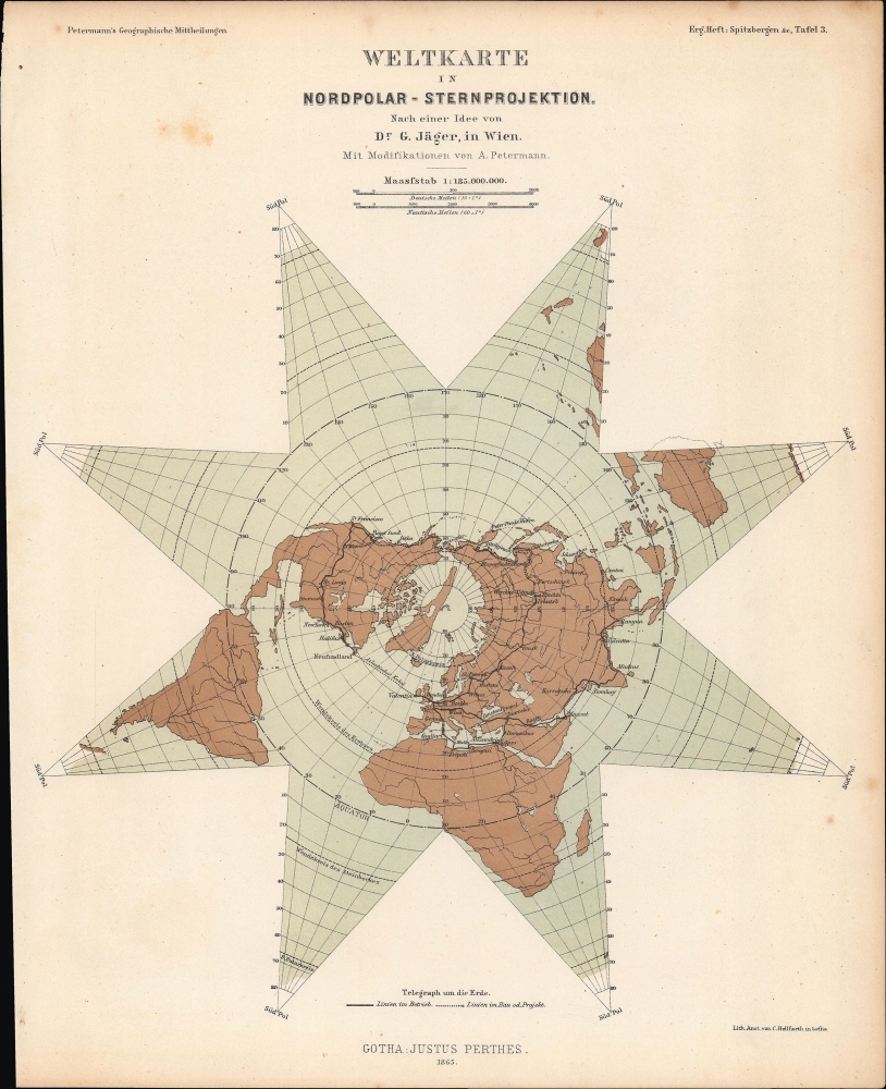 Weltkarte in Nordpolar-Sternprojektion nach einer Idee von G. Jäger, in Wien. - Main View