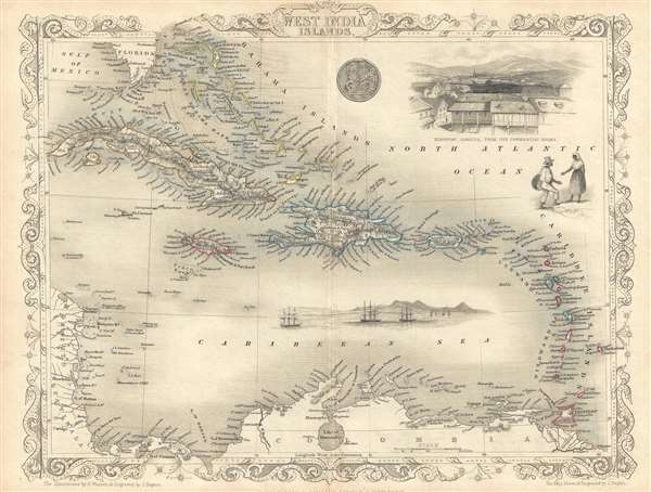 Indies Tallis Reprint Antique Old Historic vintage map 1800s West India Islands 