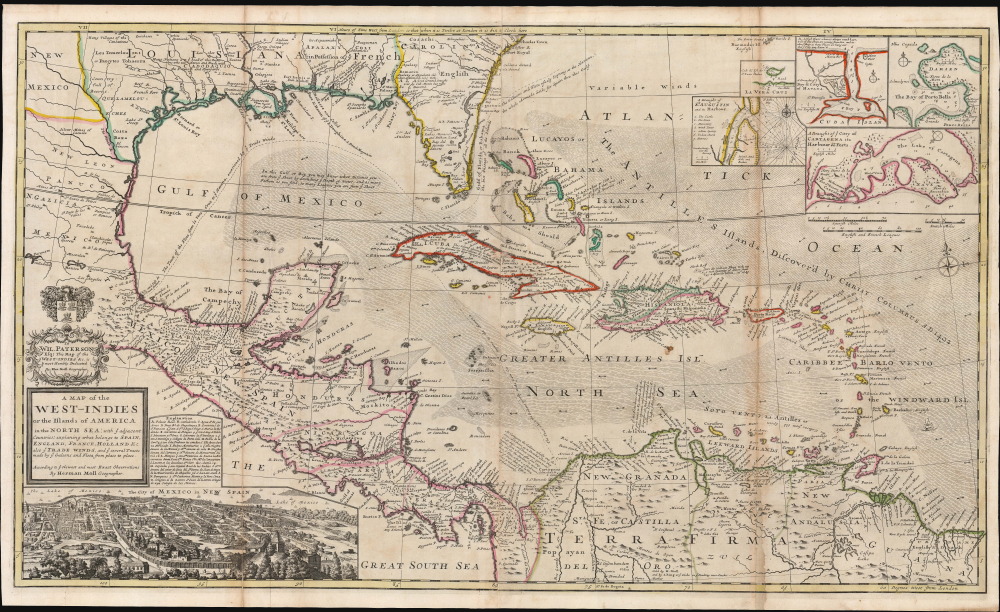 1726 Herman Moll Map of the West Indies, Florida, Mexico, and the Caribbean