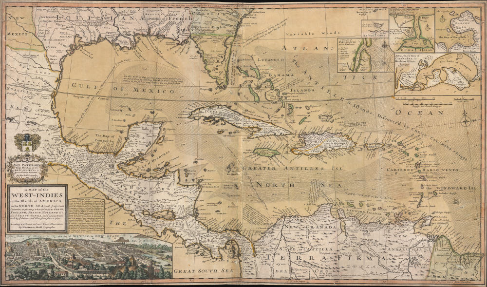 1726 Herman Moll Map of the West Indies, Florida, Mexico, and the Caribbean