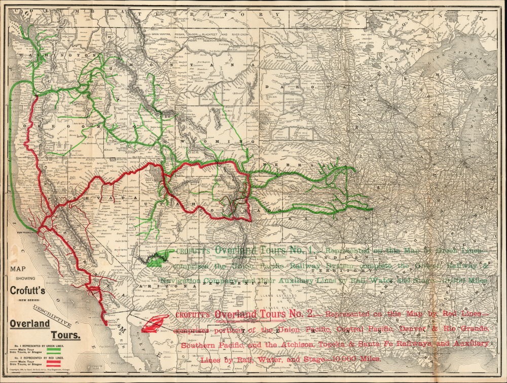 1888 Crofutt Map of the Western United States w/ Railroad Tours