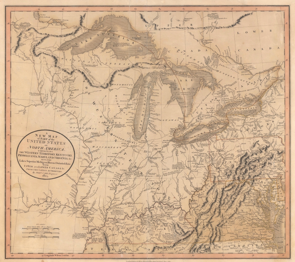 A New Map of Part of the United States of North America, exhibiting The Western Territory, Kentucky, Pennsylvania, Maryland, Virginia and C. Also, the Lakes Superior, Michigan, Huron, Ontario and Erie; with Upper and Lower Canada and C. From the Latest Authorities. - Main View
