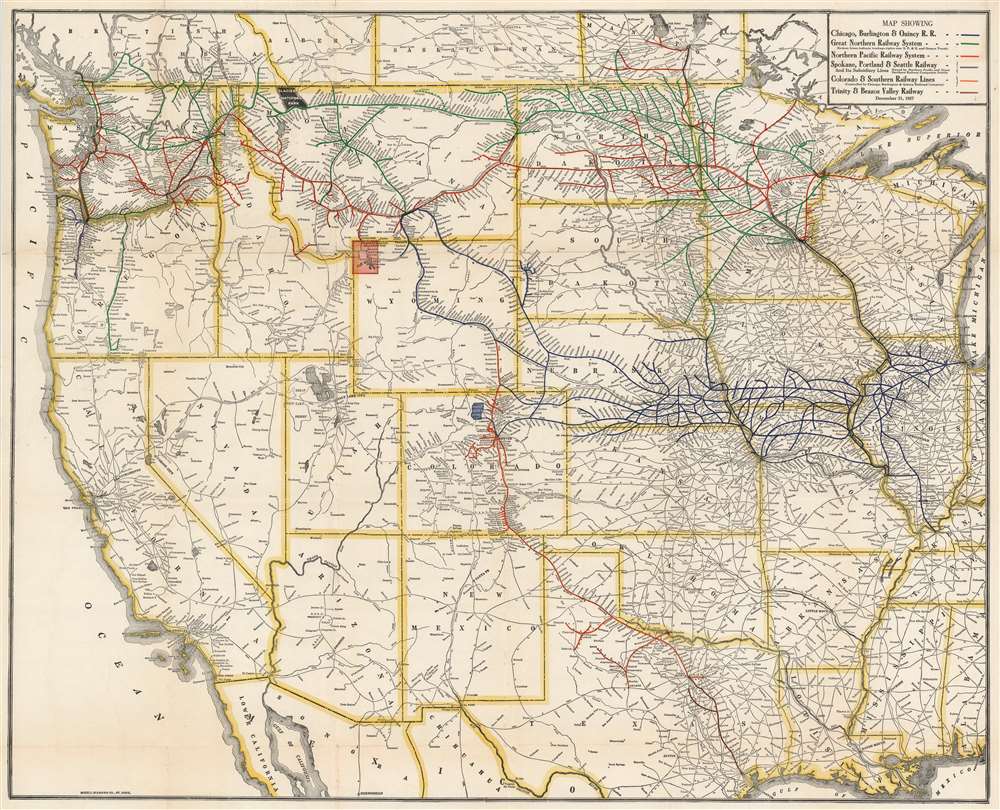 Map Showing Chicago, Burlington and Quincy Railroad, Great Northern Railway System, Northern Pacific Railway System, Spokane, Portland, and Seattle Railway, Colorado and Southern Railway Lines, Trinity and Brazos Valley Railway. - Main View