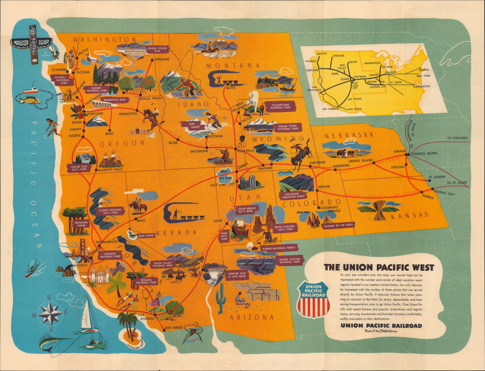 1954 Rigby Pictorial Map of the Western U.S., Union Pacific Railroad