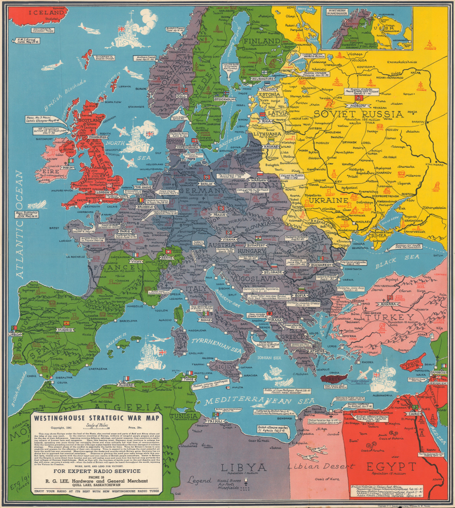 1941 Petersen World War II Westinghouse Strategic War Map of Europe