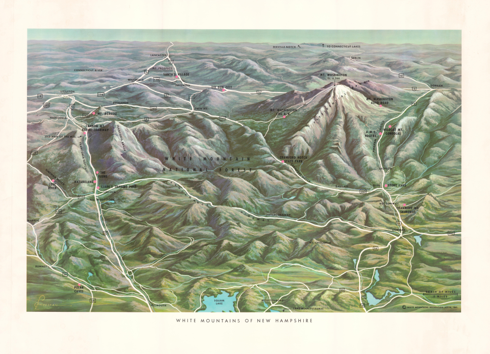 1960 Brusseau Bird's-Eye View Map of the White Mountains, New Hampshire
