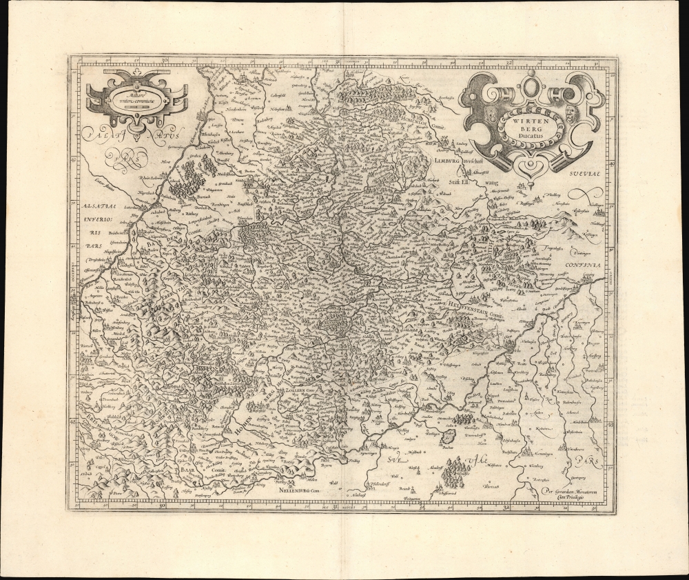 1595 Mercator Map of Wurttemberg, Germany, First Edition, First State