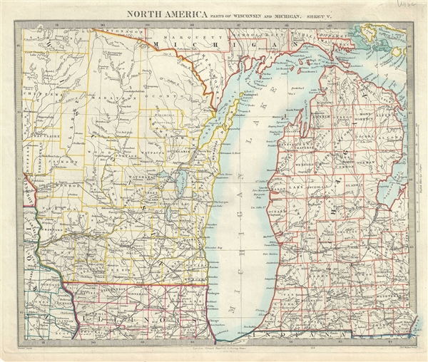 1875 S.D.U.K. Map of Michigan and Wisconsin (w/ Lake Michigan)