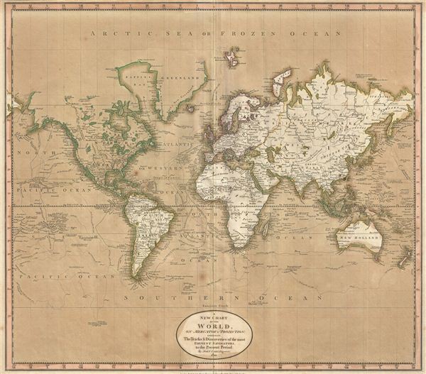 A New Chart of  the World, on Mercator's Projection: Exhibiting the Track & Discoveries of themost Eminent Navigators, to the Present Period. - Main View