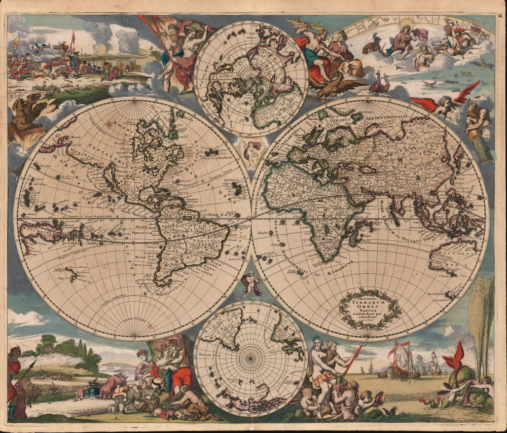 1685 Justus Danckerts Double Hemisphere Map of the World