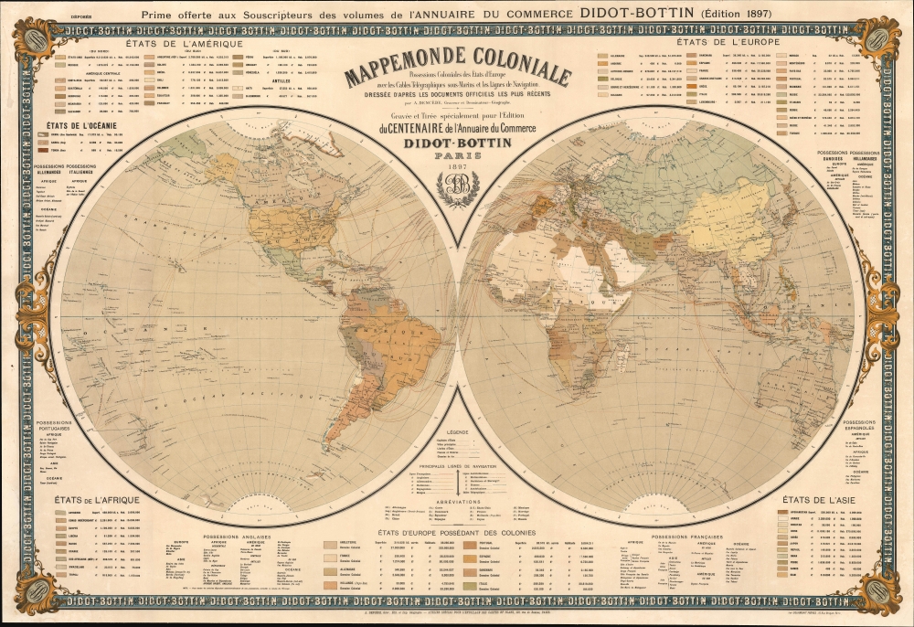 Mappemonde coloniale. Possessions coloniales des Etats de l'Europe avec les câbles télégraphiques sous-marins et les lignes de navigation... - Main View