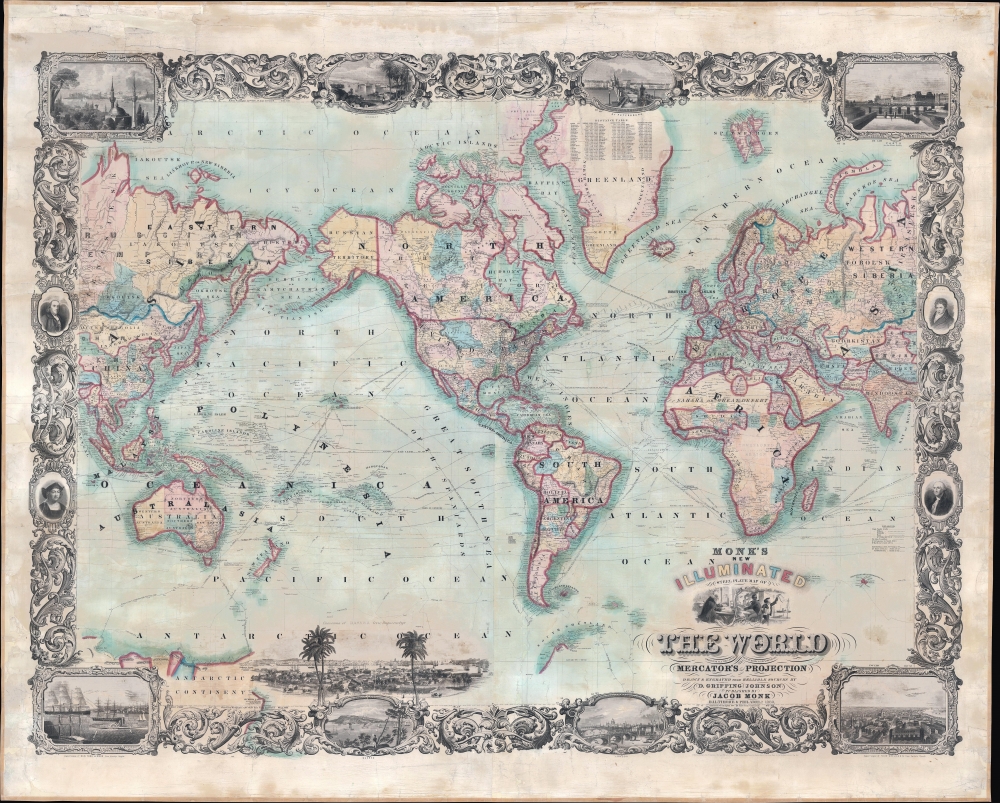 Monk's New Illuminated Steel Plate Map of The World Embracing all the Latest Discoveries and Exploration on Mercator's Projection. - Main View