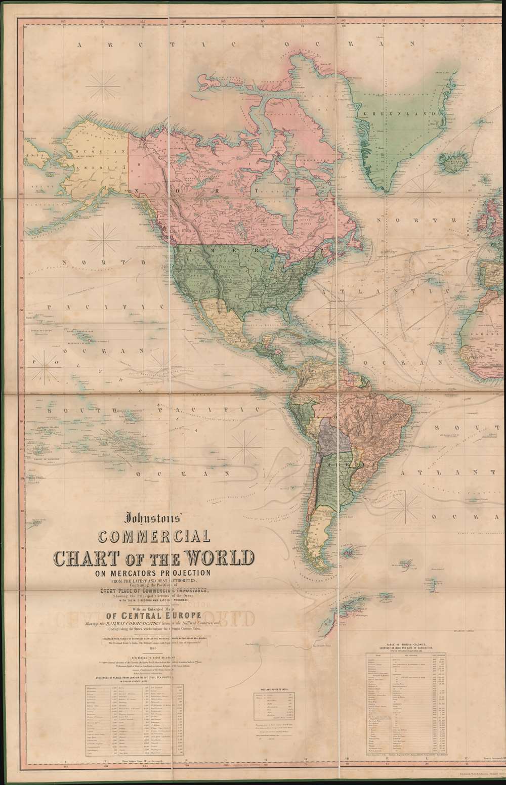 Johnstons' Commercial Chart of the World on Mercators Projection from the latest and Best Authorities Containing the Position of Every Place of Commercial Importance, Shhowing the Princial Currents of hte Ocean with their Direction and Rate of Progress.  With an Enlarged Map of Central Europe Showing the Railway Communication between the Different Countries, and Distinguishing the States which compose the German Customs Union. - Alternate View 2