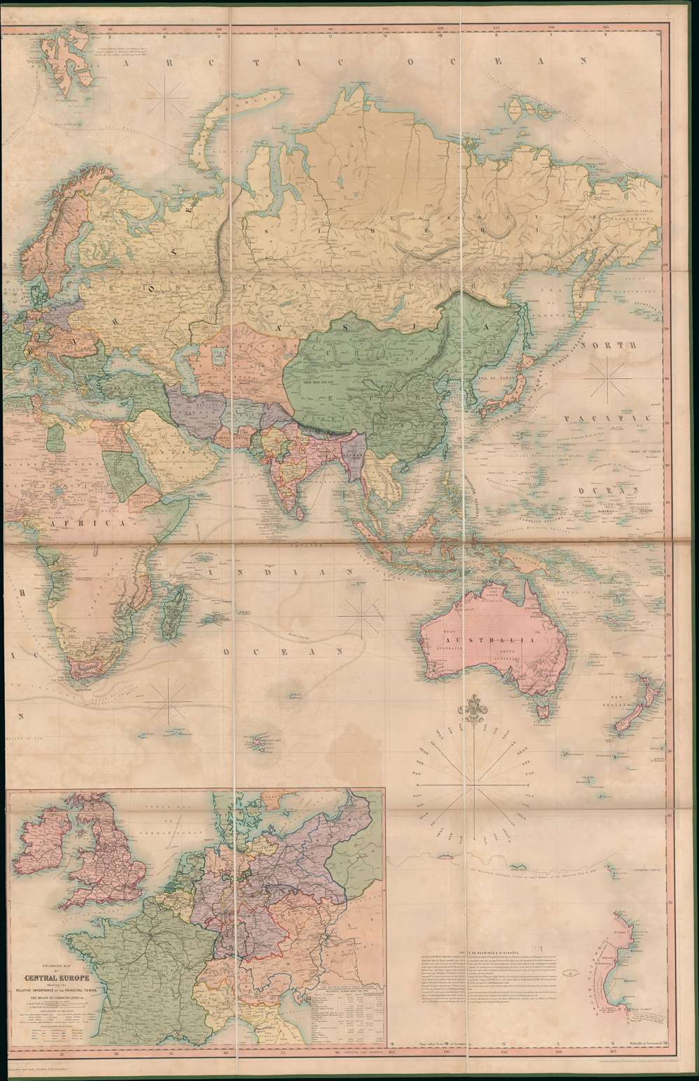 Johnstons' Commercial Chart of the World on Mercators Projection from the latest and Best Authorities Containing the Position of Every Place of Commercial Importance, Shhowing the Princial Currents of hte Ocean with their Direction and Rate of Progress.  With an Enlarged Map of Central Europe Showing the Railway Communication between the Different Countries, and Distinguishing the States which compose the German Customs Union. - Alternate View 3
