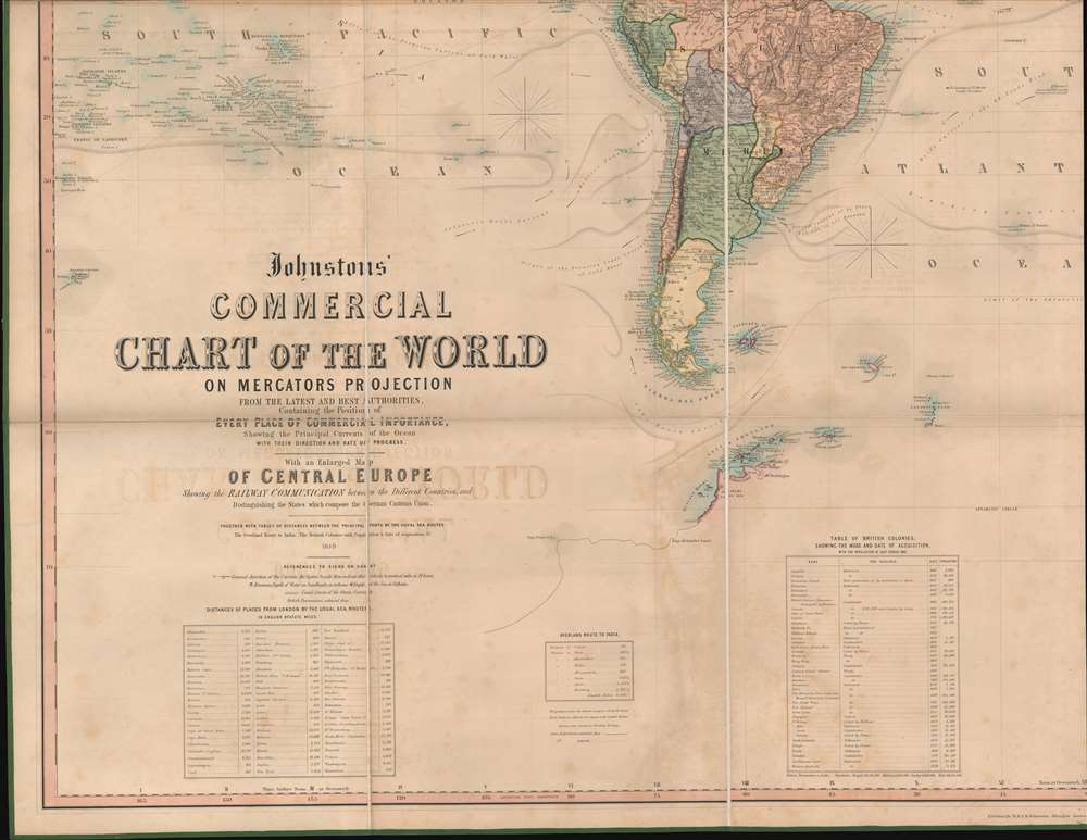 Johnstons' Commercial Chart of the World on Mercators Projection from the latest and Best Authorities Containing the Position of Every Place of Commercial Importance, Shhowing the Princial Currents of hte Ocean with their Direction and Rate of Progress.  With an Enlarged Map of Central Europe Showing the Railway Communication between the Different Countries, and Distinguishing the States which compose the German Customs Union. - Alternate View 5