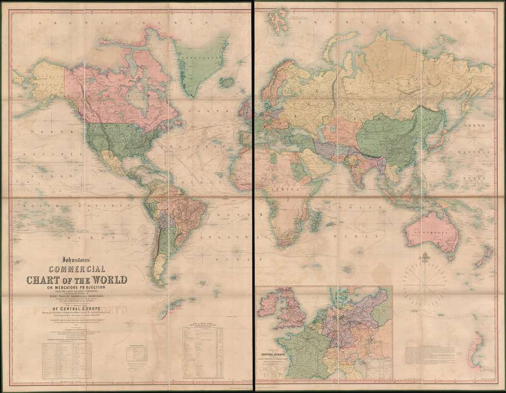 Johnstons' Commercial Chart of the World on Mercators Projection from the latest and Best Authorities Containing the Position of Every Place of Commercial Importance, Shhowing the Princial Currents of hte Ocean with their Direction and Rate of Progress.  With an Enlarged Map of Central Europe Showing the Railway Communication between the Different Countries, and Distinguishing the States which compose the German Customs Union. - Main View