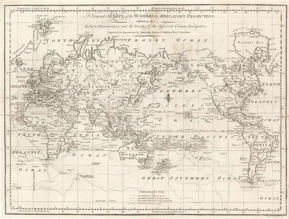 A General Chart of the World on Mercator's Projection, exhibiting all the New Discoveries and the Tracks of the different Circum-Navigators. Engraved for Spotswood's and Nancrede's Edition of Malham's Naval Gazetteer. - Main View