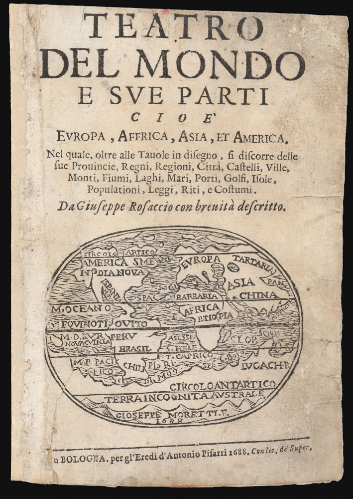 1688 Rosaccio / Moretti Woodcut World Map/ Title Page