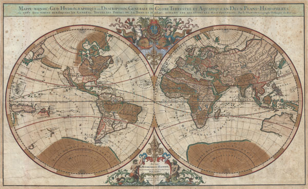 Mappe-monde Geo-Hydrographique ou Description Generale du Globe Terrestre et Aquatique en Deux-Plans-Hemipsheres ou son Exactement Remarquees en General Toutes les Parties de la Terre et de L'Eau, suivant les Relations les plus Nouvelles, par le S. Sanson Geographe Ordinaire du Roy 1691. - Main View