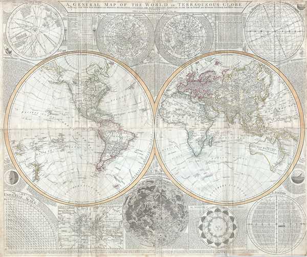 A General Map of the World, or Terraqueous Globe with all the New Discoveries and Marginal Delineations, Containing the Most Interesting Particulars in the Solar, Starry and Mundane System, by Sam. Dunn, Mathematician. - Main View