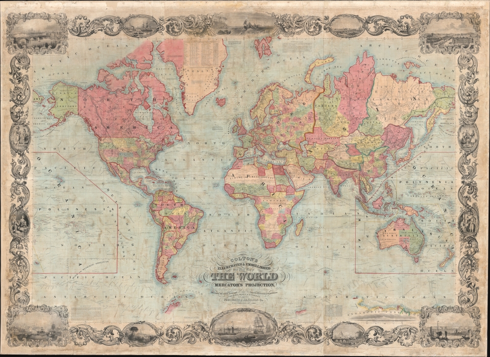 Colton's Illustrated and Embellished Steel Plate Map of The World on Mercator's Projection, Compiled from the latest and most Authentic Sources Exhibiting the recent Arctic and Antarctic Discoveries and Explorations. - Main View