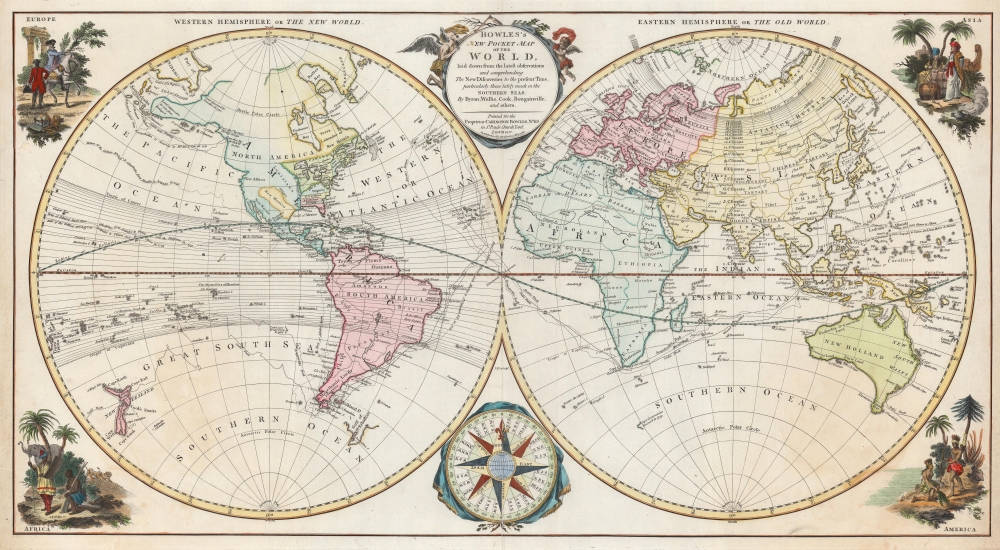 Bowles's New Pocket Map of the World, laid down from the latest observations and comprehending the New Discoveries to the present Time, particularly those lately made in the Southern Seas By Byron, Wallis, Cook, Bougainville, and others. - Main View