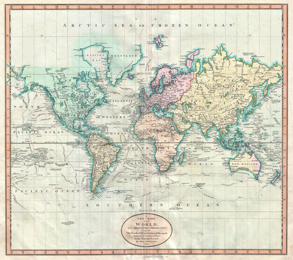 A New Chart of  the World, on Mercator's Projection: Exhibiting the Track & Discoveries of themost Eminent Navigators, to the Present Period. - Main View